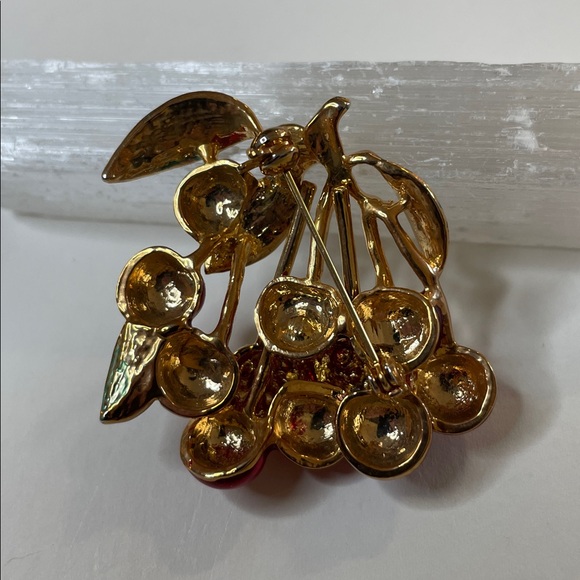 Vintage Gold Tone Enamel Rhinestone Cherry Branch Brooch Pin - Picture 3 of 5